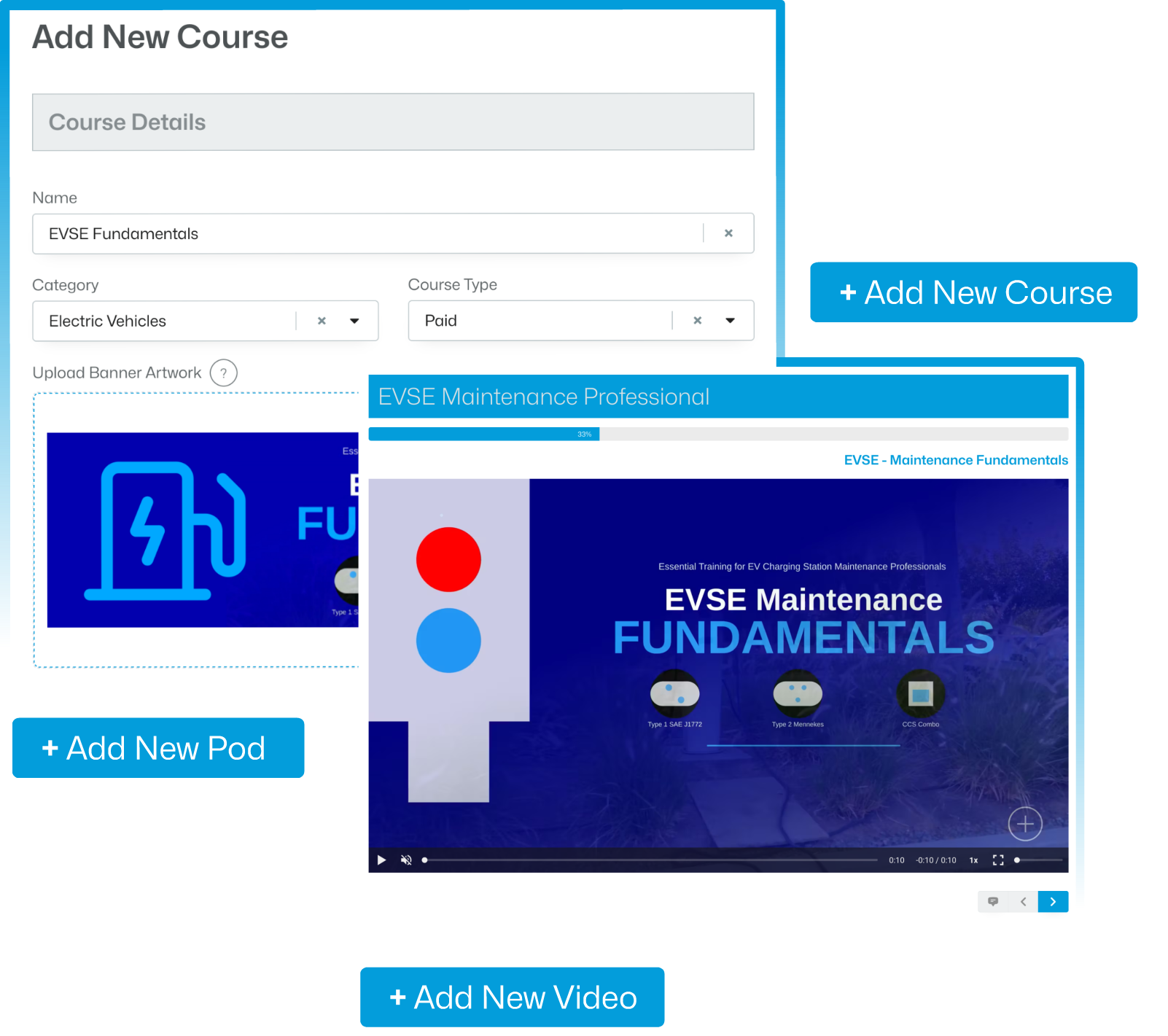 Climate64 - Shows the course creation interface with options to add new courses, pods, and videos.