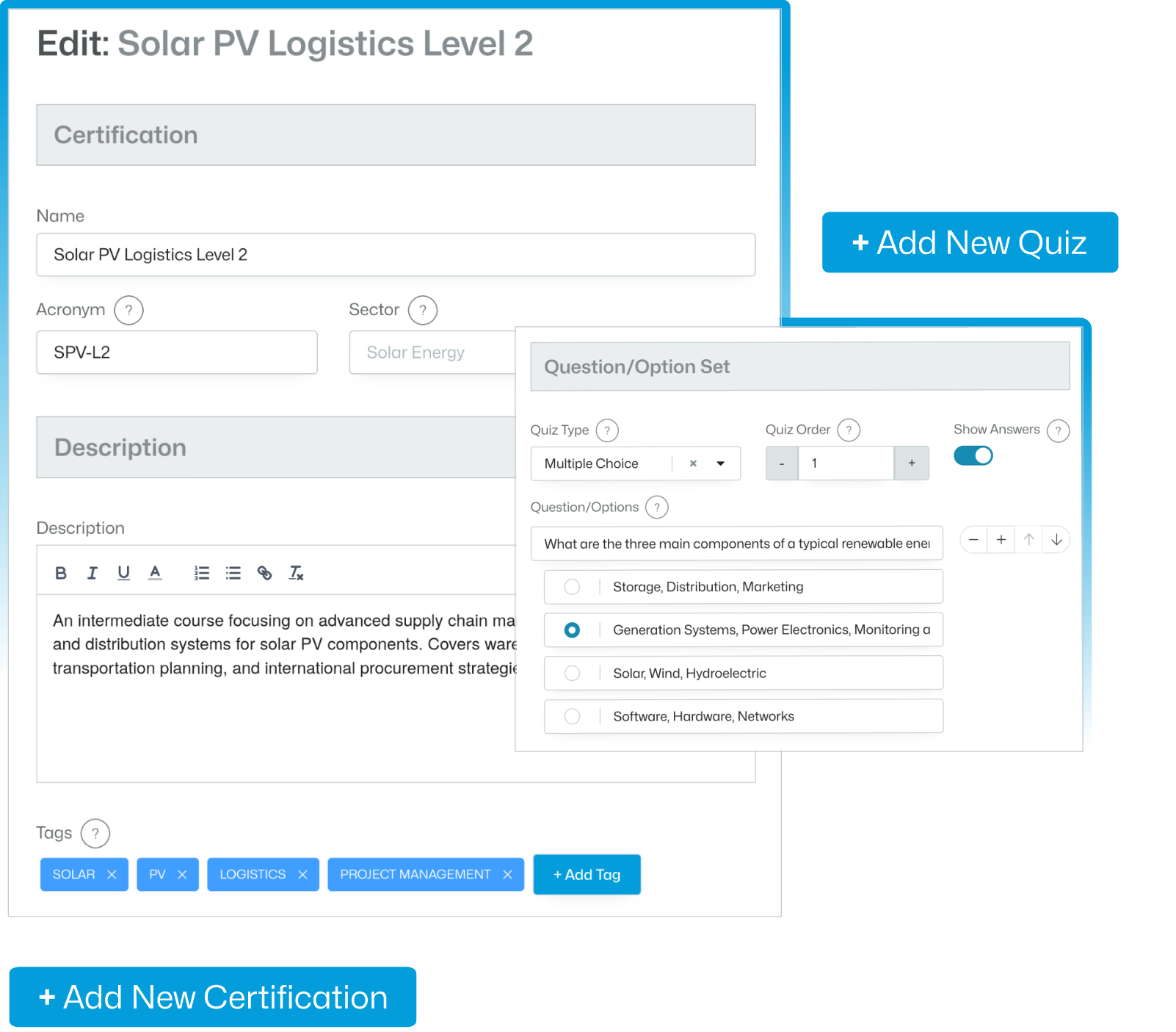 Climate64 - Shows certification creation interface with quiz and assessment capabilities.