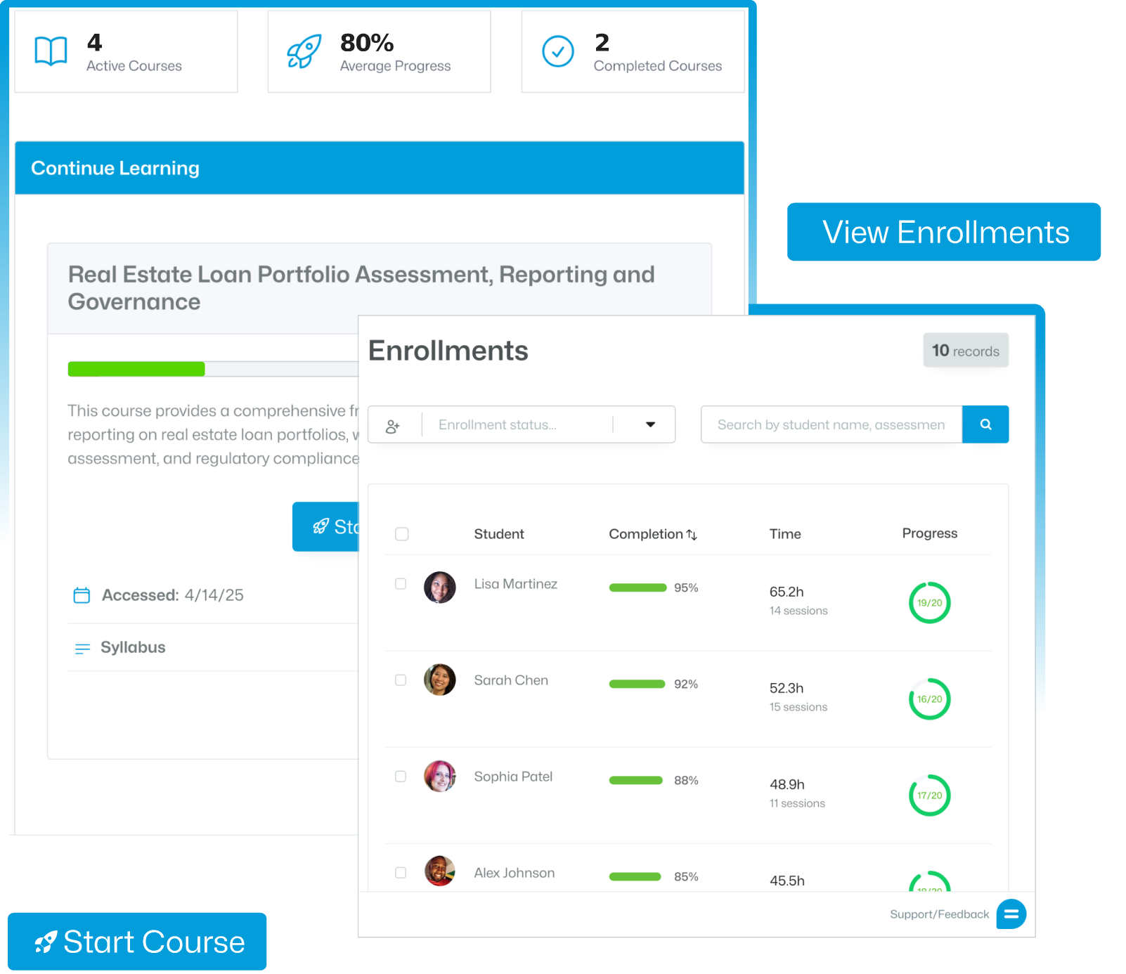 Climate64 - Shows the learner dashboard with course progress tracking and enrollment management.